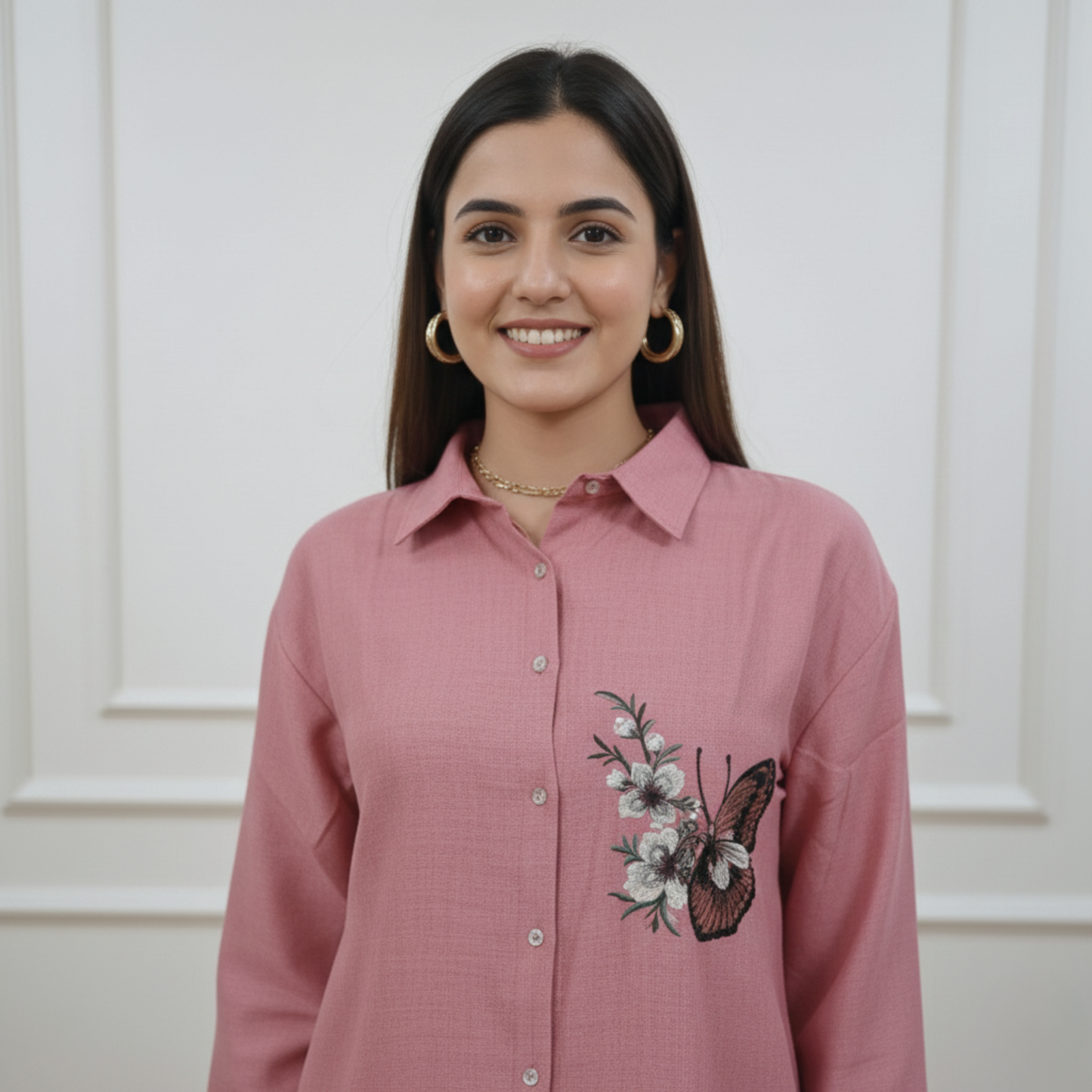 The Rose Bloom Embroidered Mélange Co-ord Set (Pale Rose)