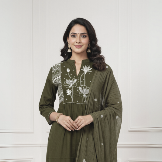 The Bageecha Embroidered Cotton Kurta Set (Bottle Green)