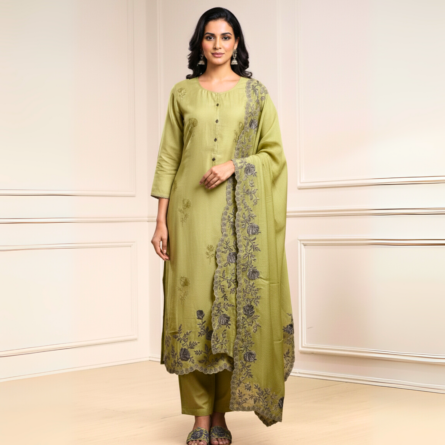 The Gulnar Resham Embroidered Chanderi Kurta Set (Light Pastel Green)