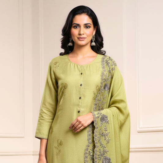 The Gulnar Resham Embroidered Chanderi Kurta Set (Light Pastel Green)