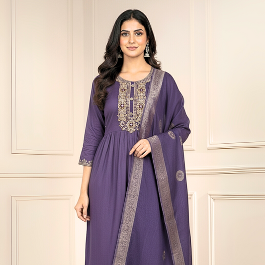 The Shahi Embroidered Roman Silk Kurta Set with Banarasi Dupatta (Royal Purple)