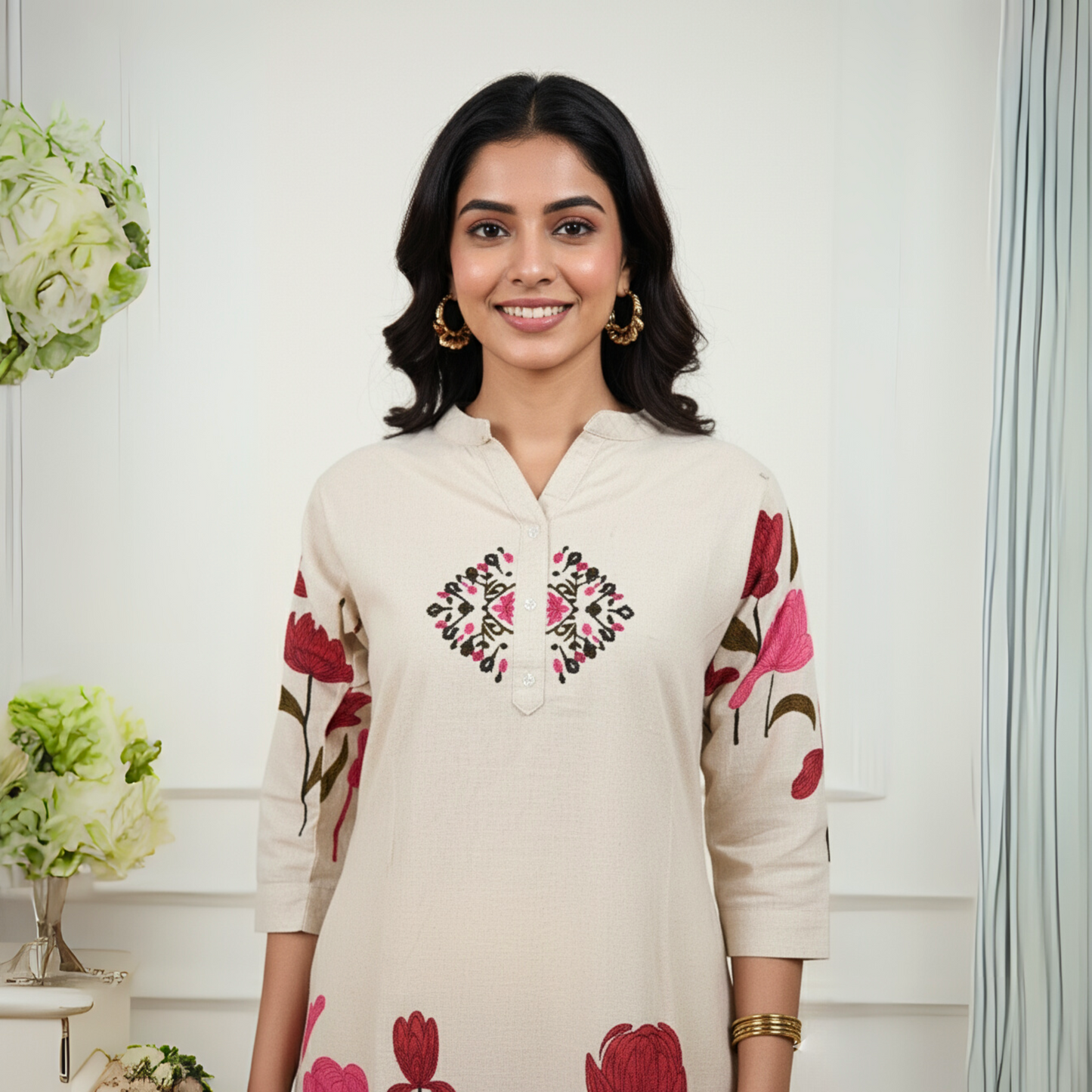 The Gulistan Hand-Embroidered Khadi Co-ord Set (Ivory Bloom)