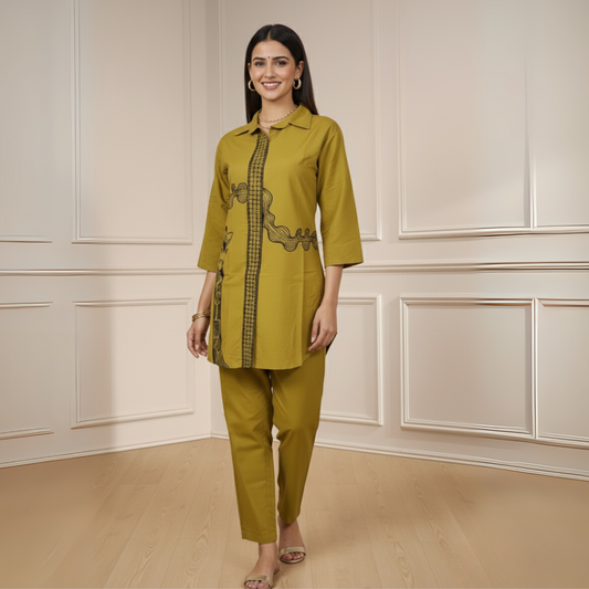 The Veridian Vine Rayon Co-ord Set (Mustard Yellow)