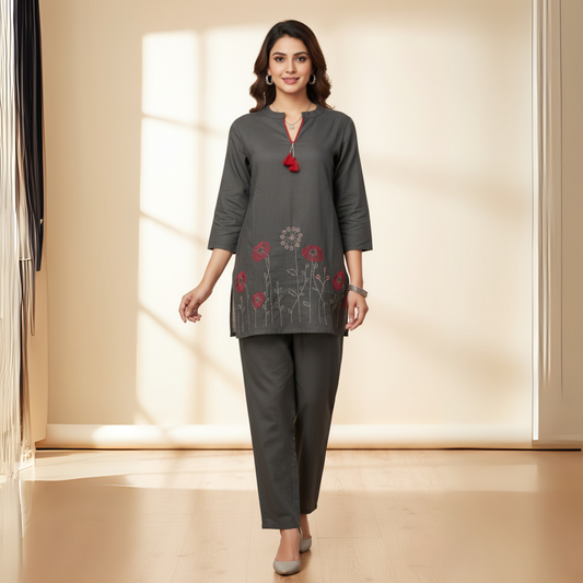 The Petal Bloom Embroidered Cotton Co-ord Set (Charcoal Grey)