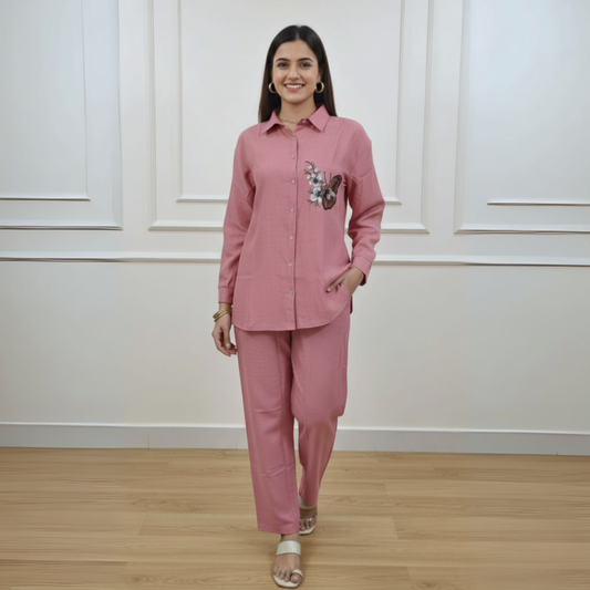 The Rose Bloom Embroidered Mélange Co-ord Set (Pale Rose)