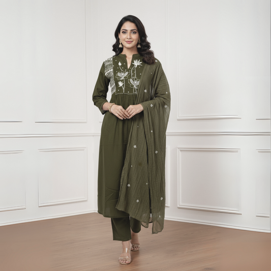 The Bageecha Embroidered Cotton Kurta Set (Bottle Green)