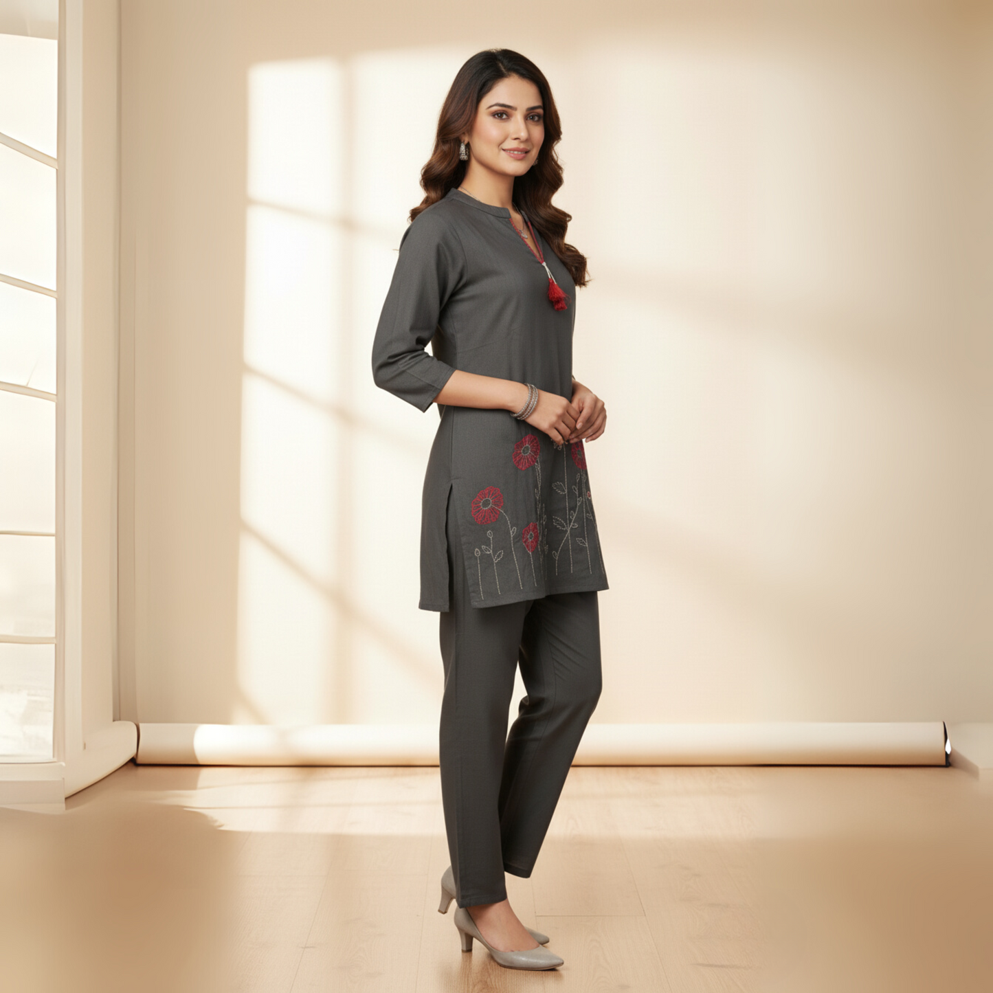 The Petal Bloom Embroidered Cotton Co-ord Set (Charcoal Grey)