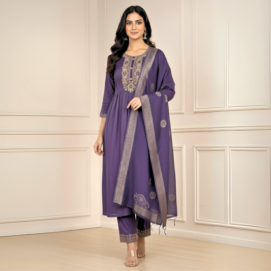 The Shahi Embroidered Roman Silk Kurta Set with Banarasi Dupatta (Royal Purple)