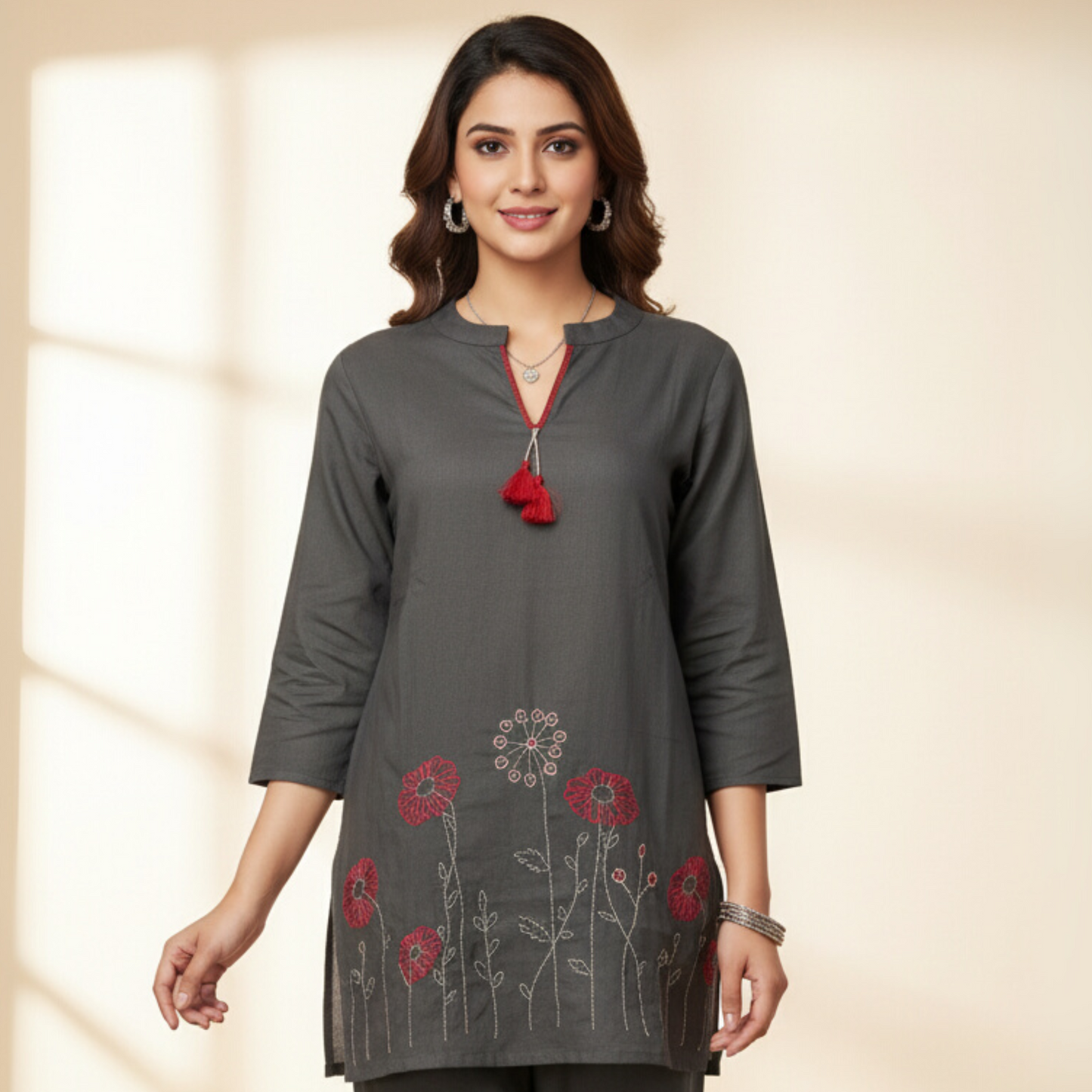 The Petal Bloom Embroidered Cotton Co-ord Set (Charcoal Grey)