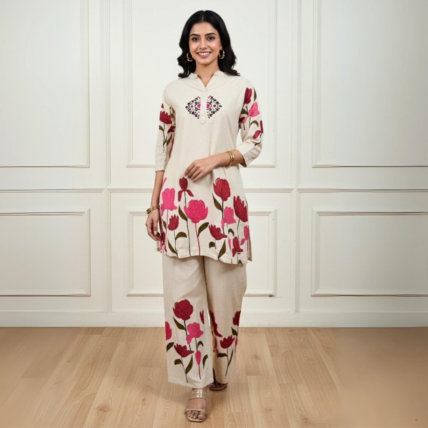 The Gulistan Hand-Embroidered Khadi Co-ord Set (Ivory Bloom)