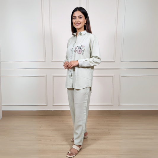 The Vintage Pedal Embroidered Linen Blend Co-ord Set (Cloud White)