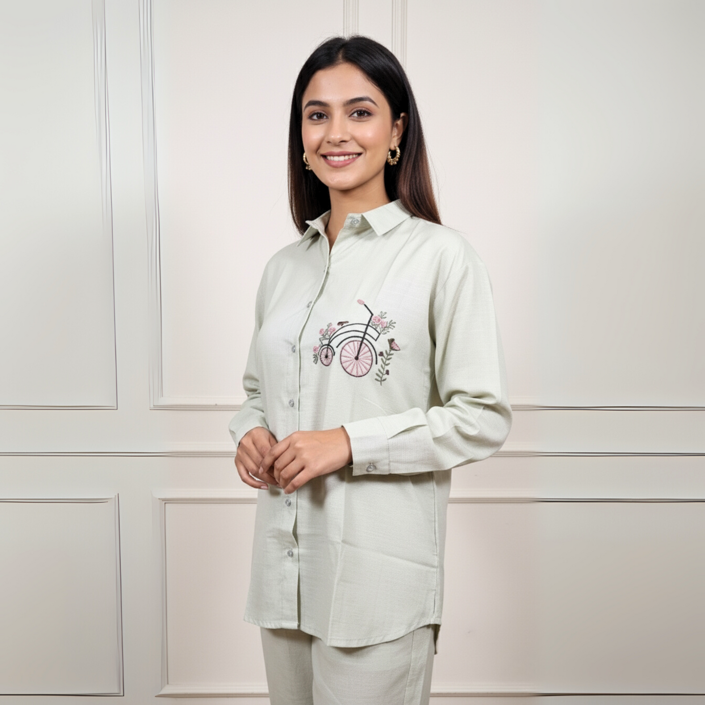 The Vintage Pedal Embroidered Linen Blend Co-ord Set (Cloud White)